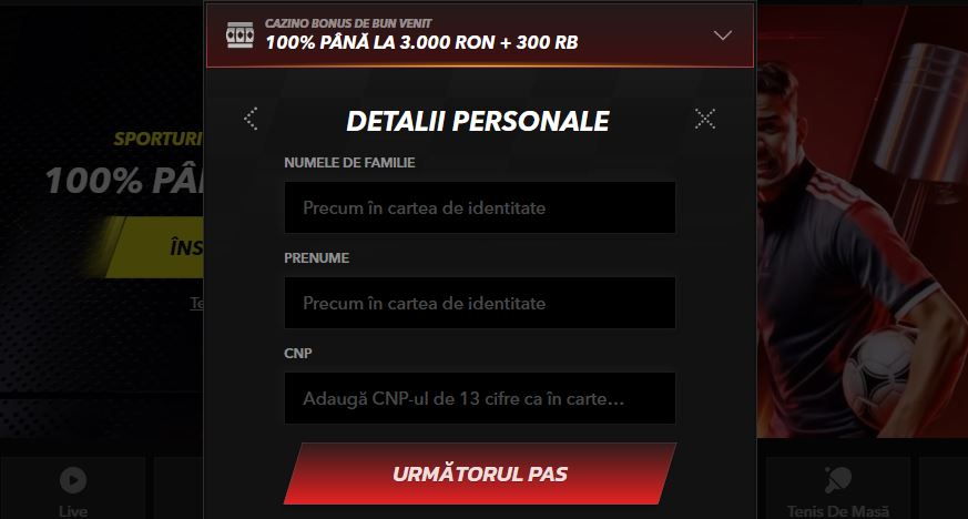 Completează datele personale pentru a finaliza înregistrarea contului TopBet cu CNP și nume